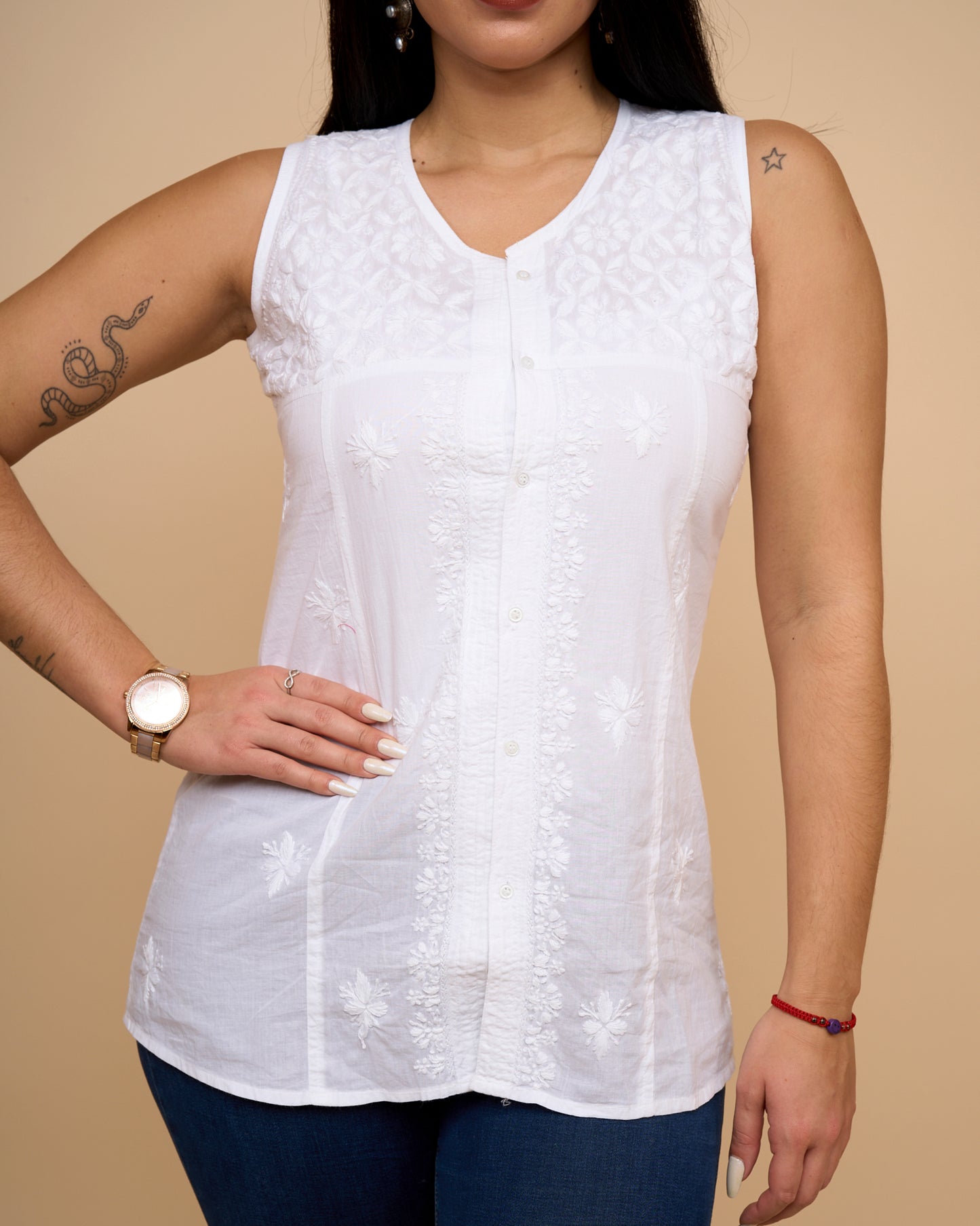 Blusa abertura frontal - Algodon bordado