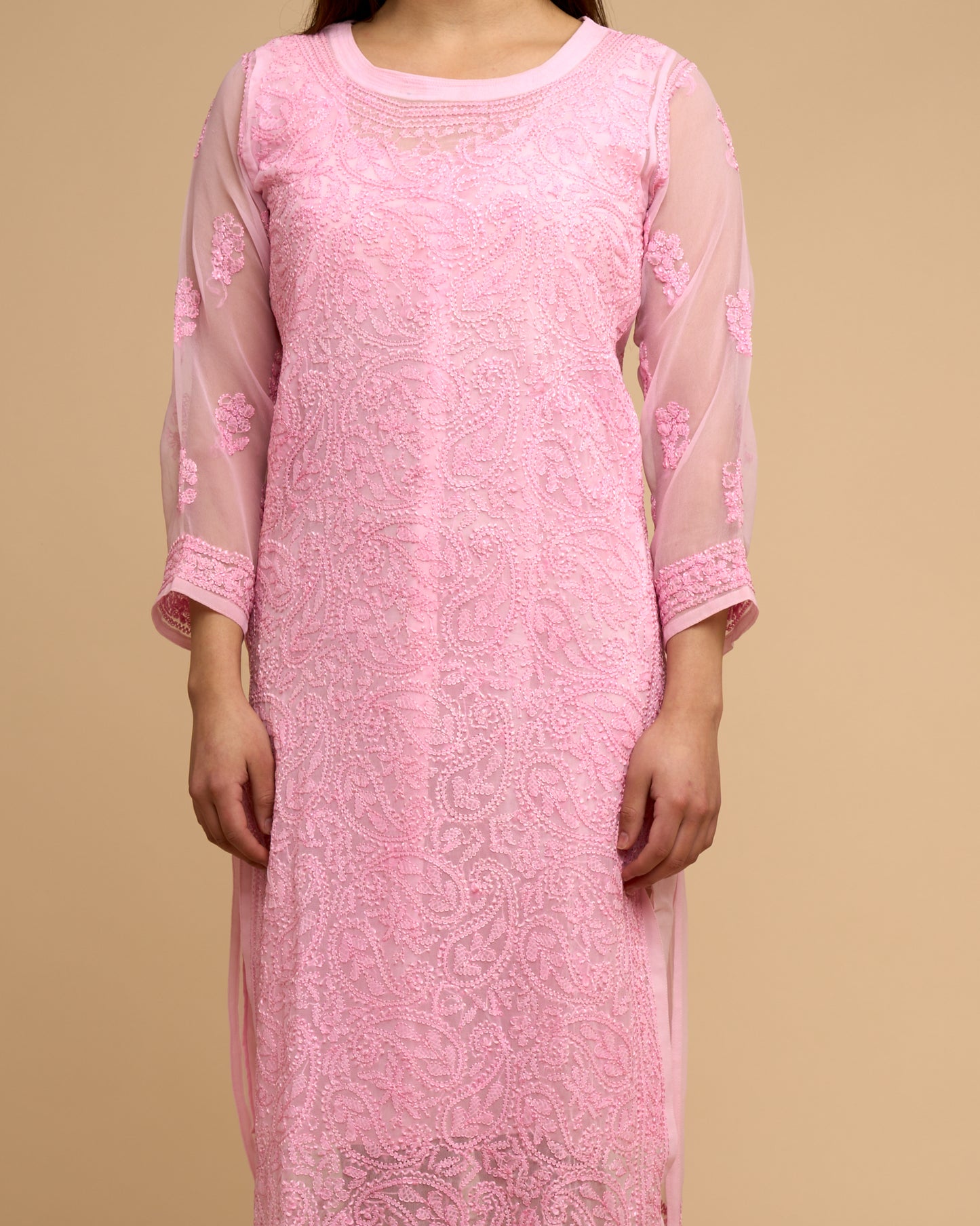 Vestido de Georgette de Manga 3/4 con Bordado Chikankari