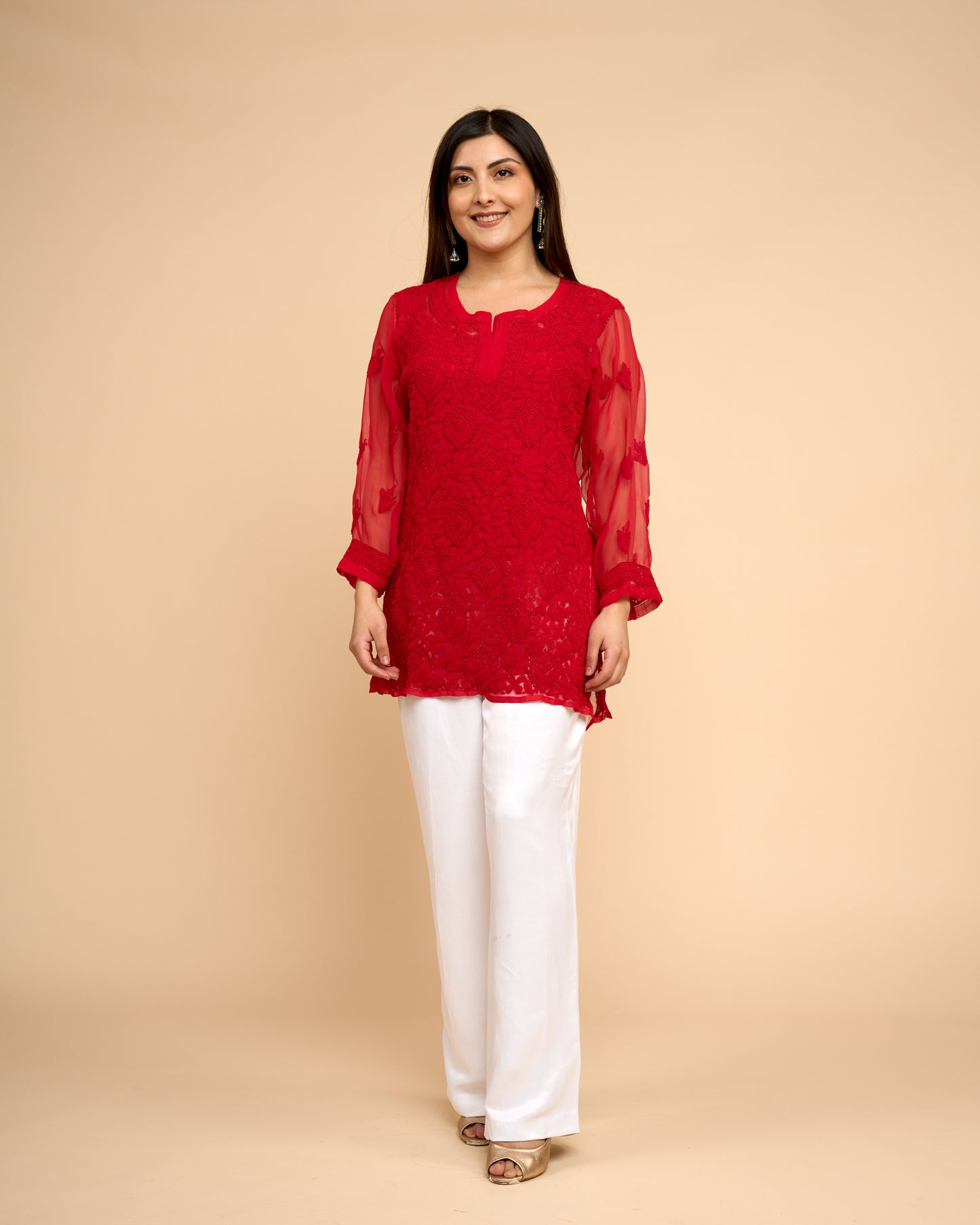 Blusa Chiffon - Roja Bordado detallada chikankari