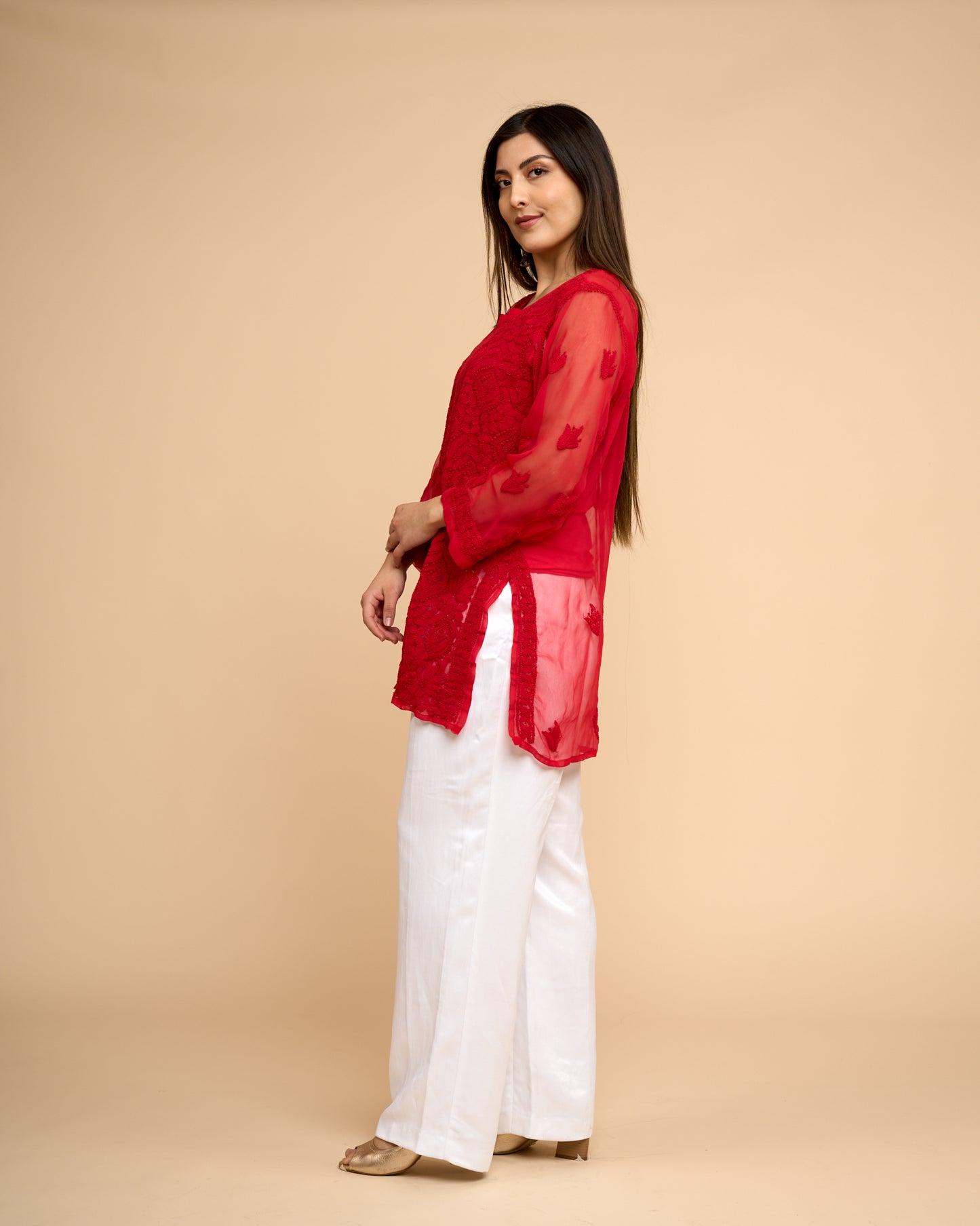 Blusa Chiffon - Roja Bordado detallada chikankari