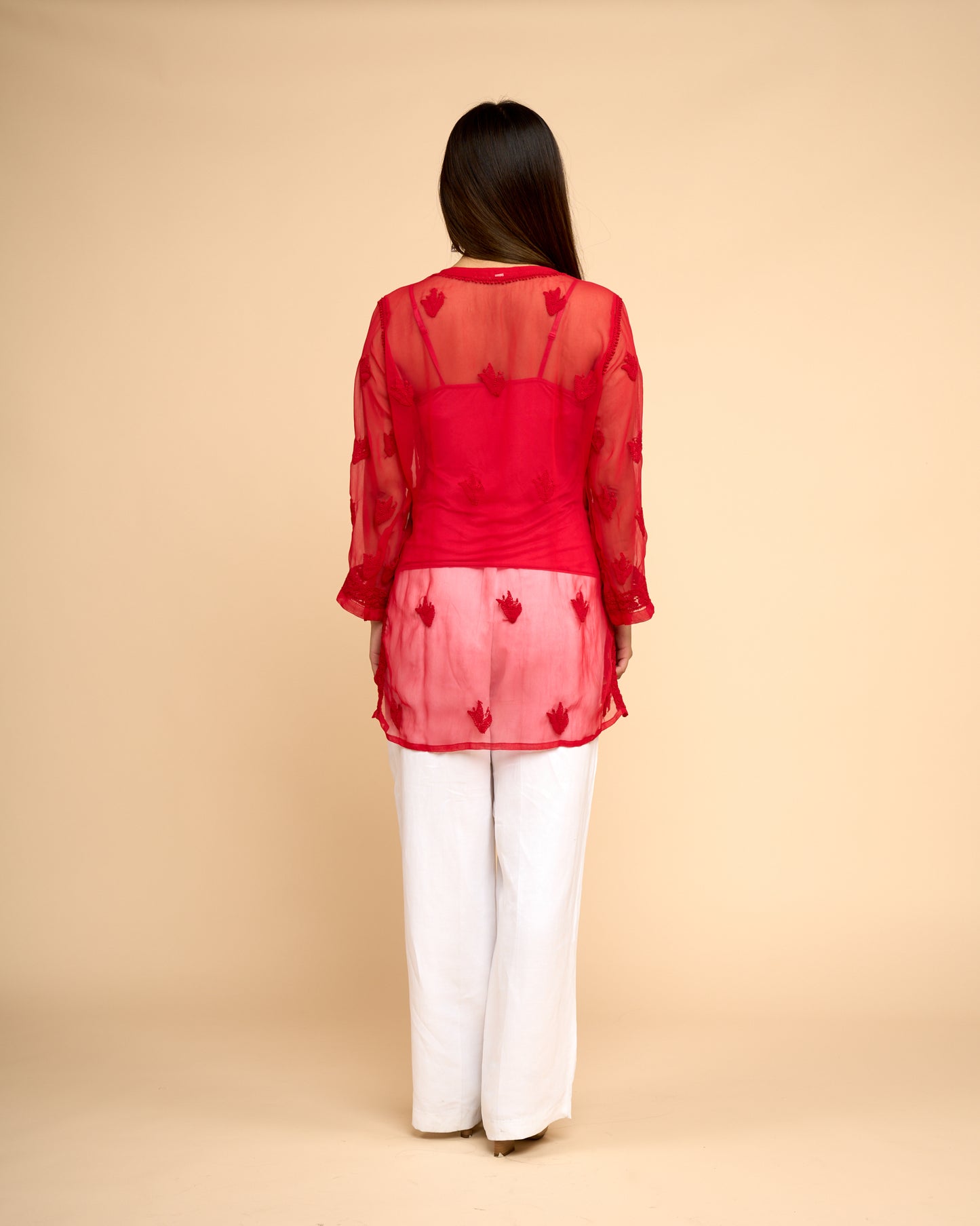 Blusa Chiffon - Roja Bordado detallada chikankari