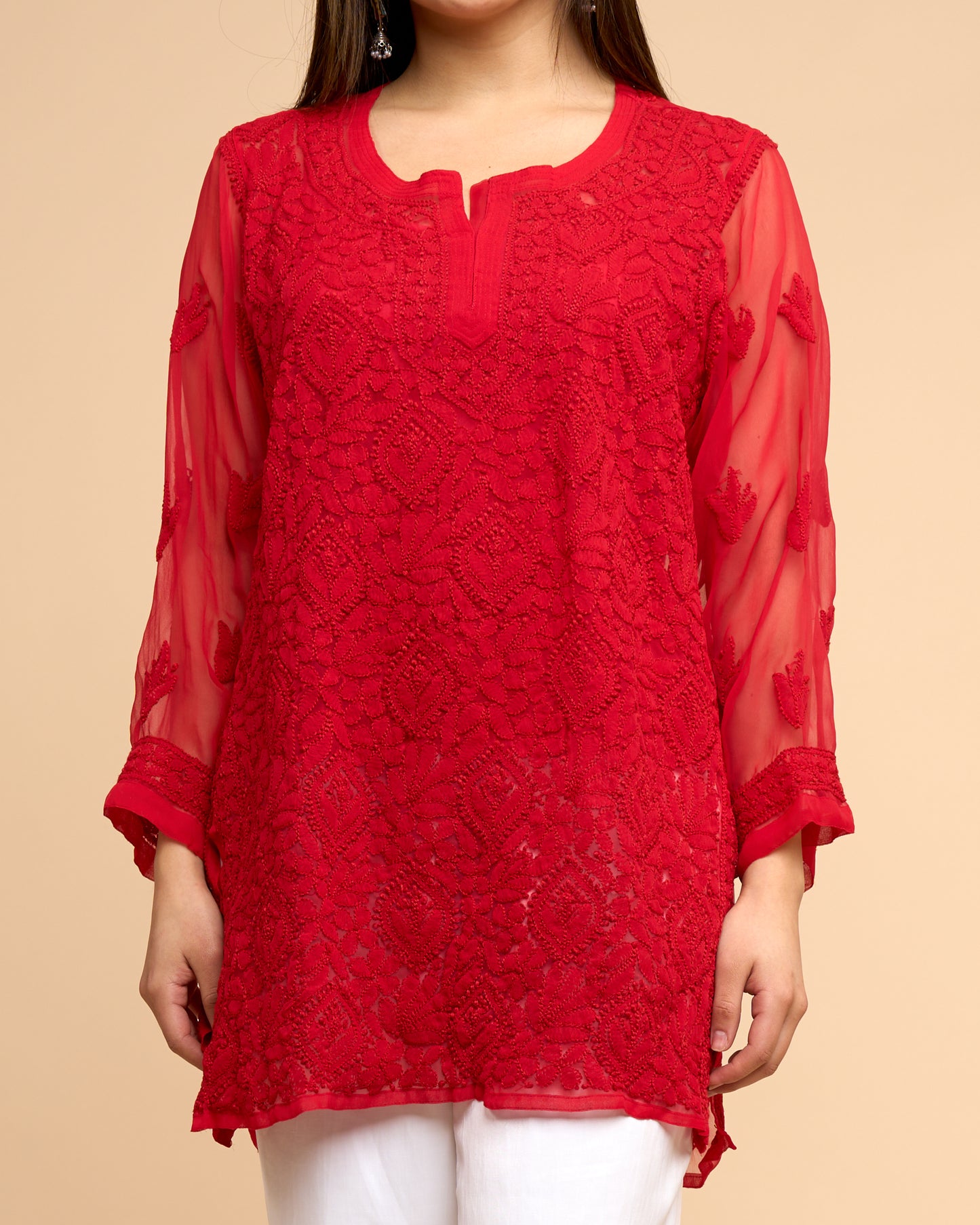 Blusa Chiffon - Roja Bordado detallada chikankari