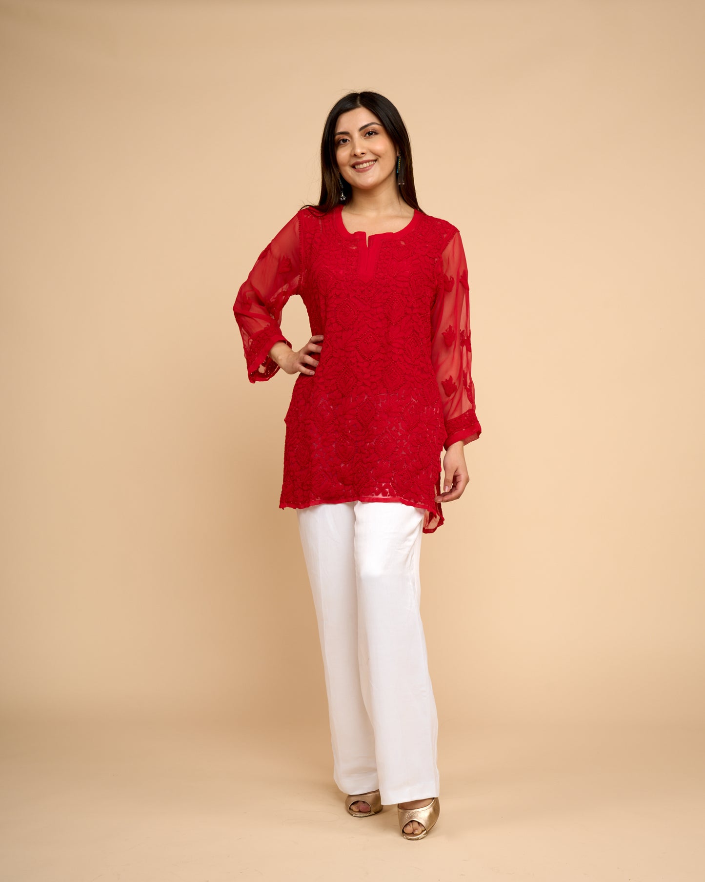 Blusa Chiffon - Roja Bordado detallada chikankari