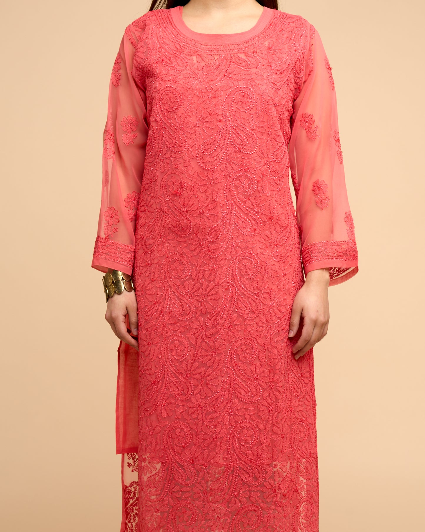 Vestido de Georgette de Manga 3/4 con Bordado Chikankari