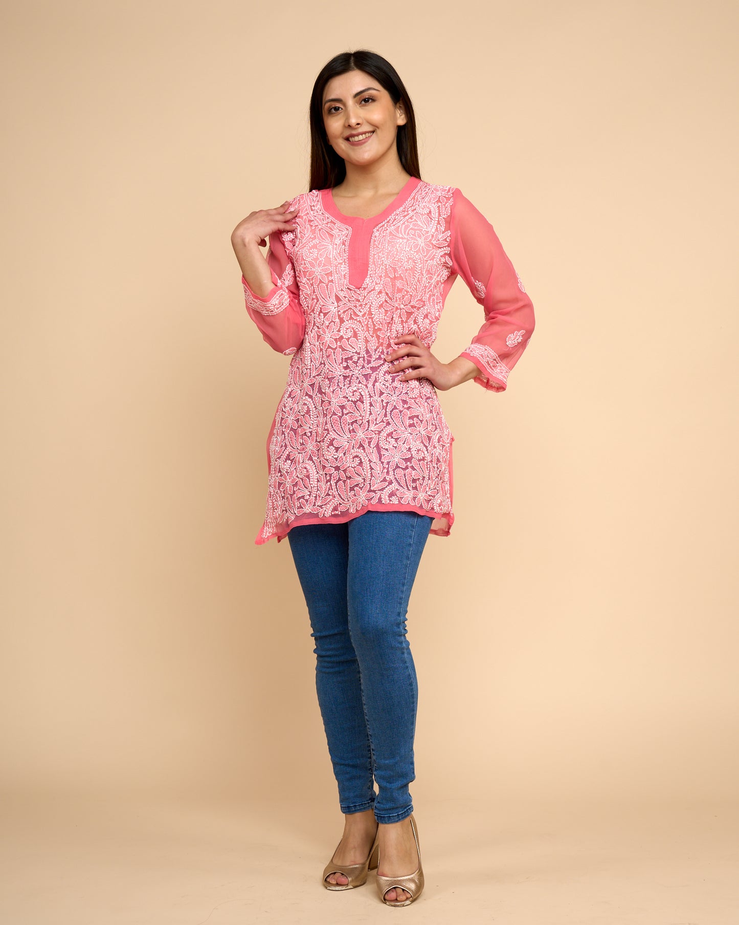 Blusa Georgette de Manga 3/4 con Bordado Chikankari