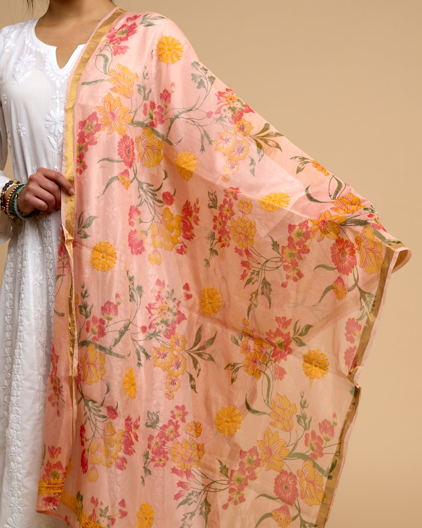 Bufanda naranja - Imprimido y bordado chikankari