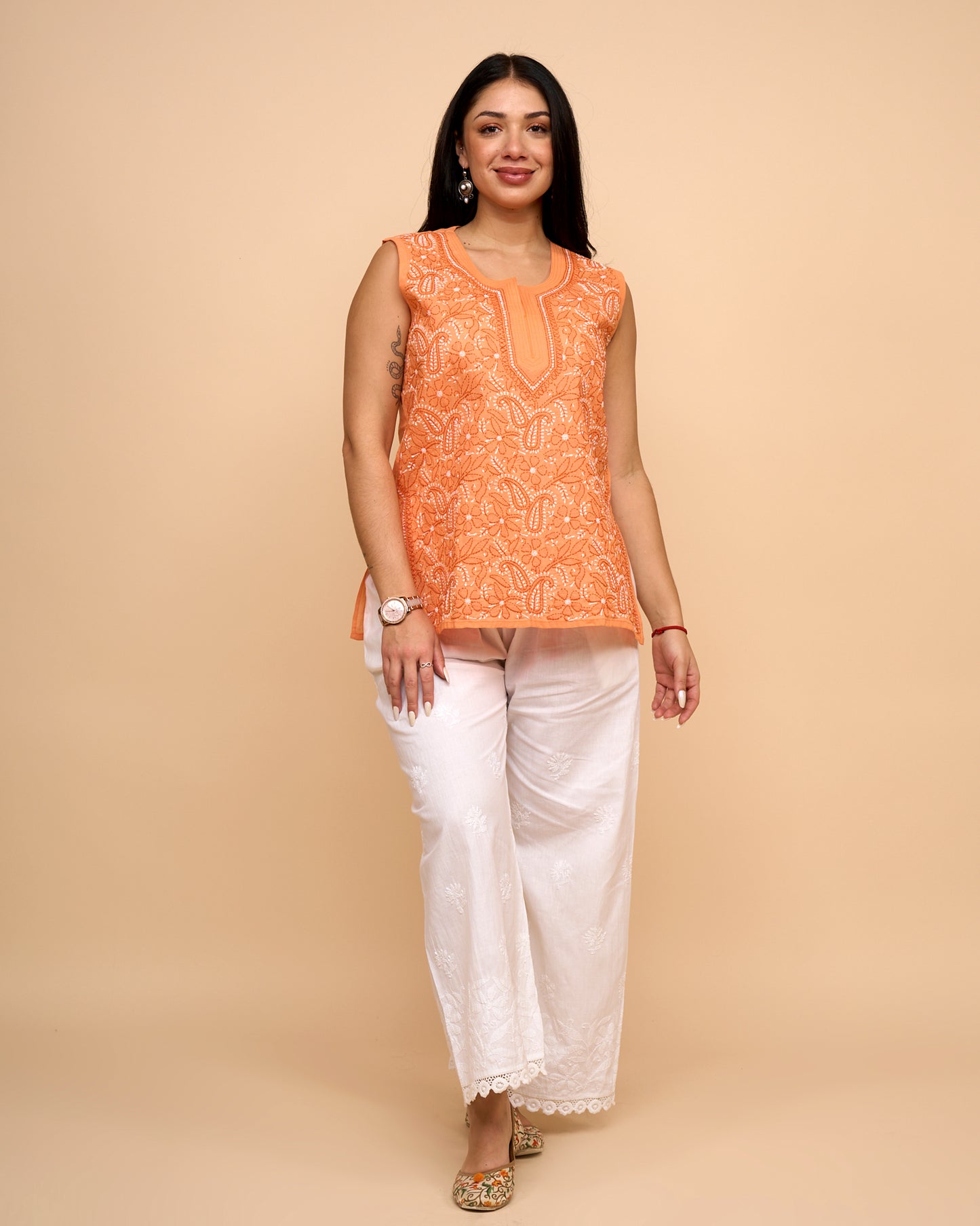 Blusa Naranja - Algodon bordado detallada