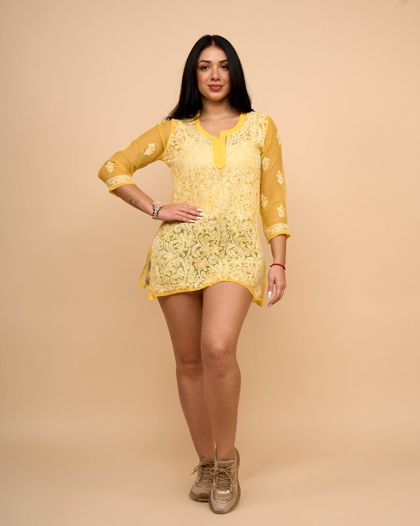 Blusa Georgette de Manga 3/4 con Bordado Chikankari
