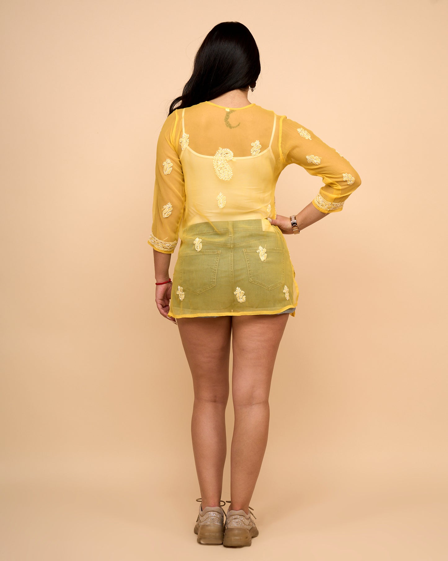 Blusa Georgette de Manga 3/4 con Bordado Chikankari
