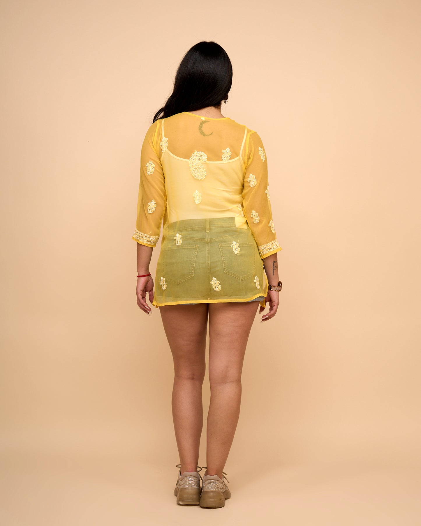 Blusa Georgette de Manga 3/4 con Bordado Chikankari